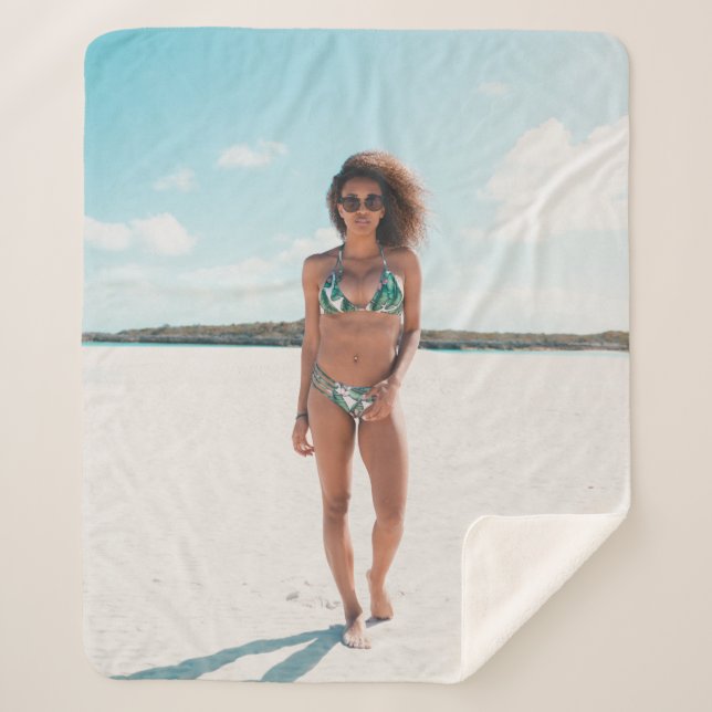 Woman wearing bikini standing on sand sherpa blanket (Front)