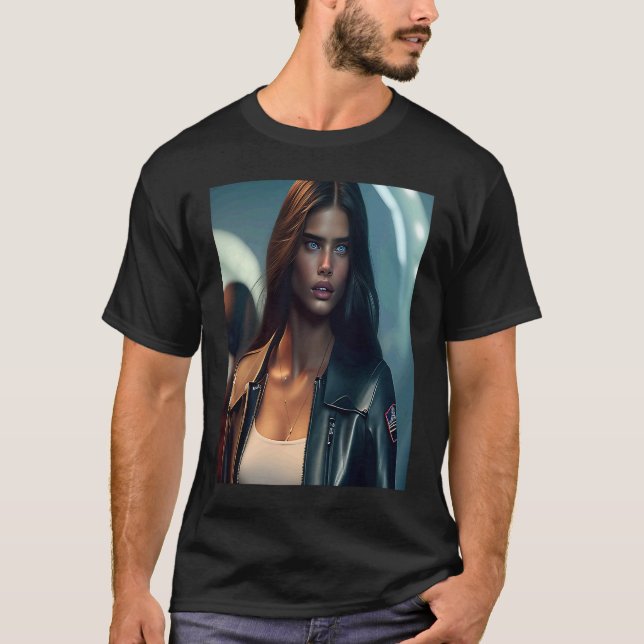 Woman Wearing Black Leather Biker Jacket Look Outf T-Shirt (Front)