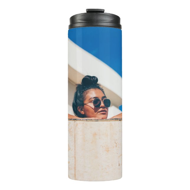 Woman wearing black sunglasses thermal tumbler (Front)