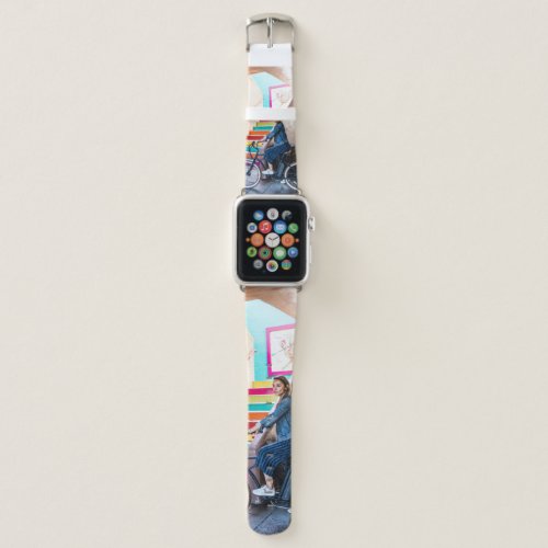 Woman wearing blue denim jacket and shorts riding  apple watch band
