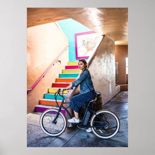 Woman wearing blue denim jacket and shorts riding  poster (Front)