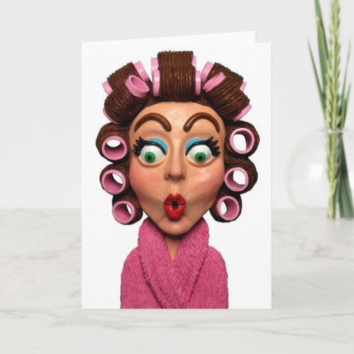 Woman Wearing Curlers Card