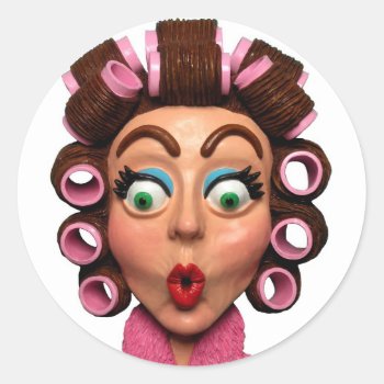 Woman Wearing Curlers Classic Round Sticker by AmyVangsgard at Zazzle