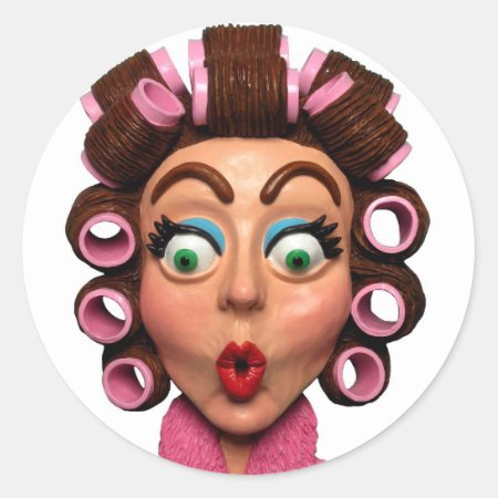 Woman Wearing Curlers Classic Round Sticker