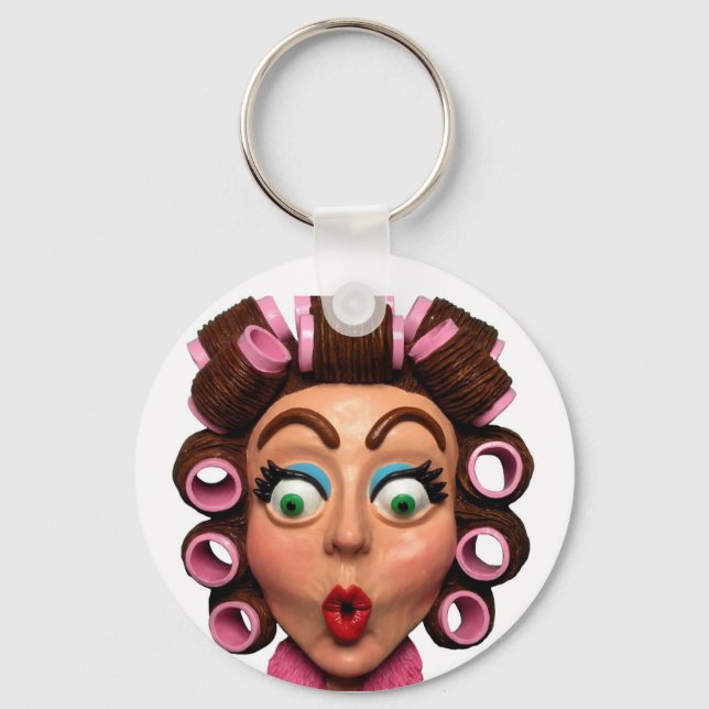 Woman Wearing Curlers Keychain (Front)