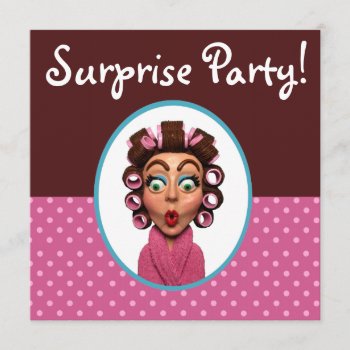 Woman Wearing Curlers Surprise Party Invitation by AmyVangsgard at Zazzle