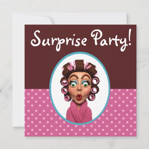 Woman Wearing Curlers Surprise Party Invitation