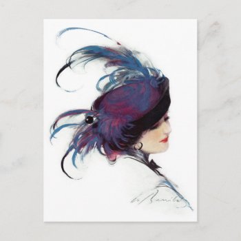 Woman Wearing Fancy Blue Feather Hat Postcard by HTMimages at Zazzle