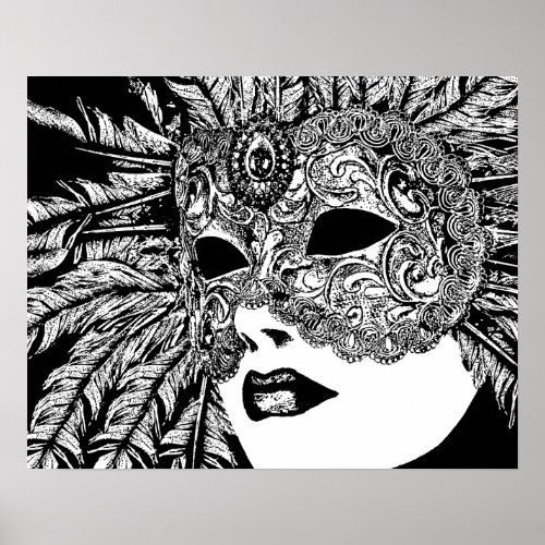 Woman Wearing Feather Masquerade Mask Art Poster