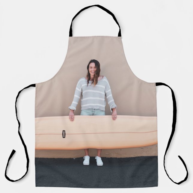 Woman wearing gray and white stripe long-sleeved s apron (Front)
