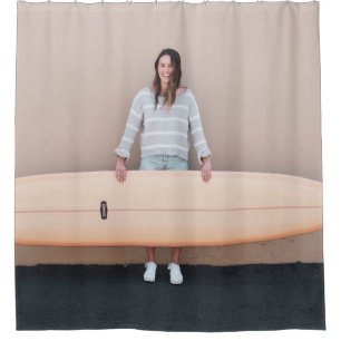 Woman wearing gray and white stripe long-sleeved s shower curtain