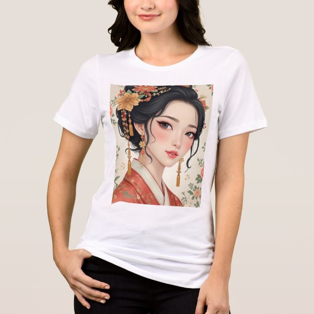 Woman wearing traditional Korean clothes Tri-Blend Shirt (Front)