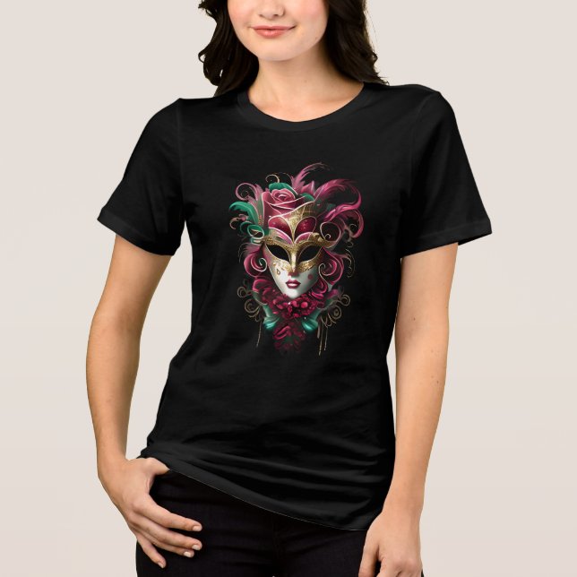 Woman wearing Venetian eye mask pink green gold Tri-Blend Shirt (Front)