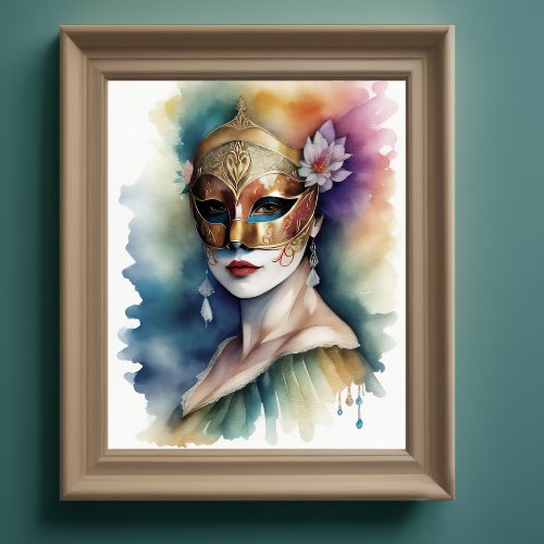 Woman Wearing Venetian Mask Watercolor Painting Poster