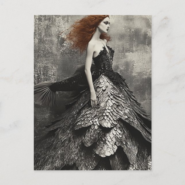 Woman wears a Black Fish Scale Dress Fantasy Postcard (Front)