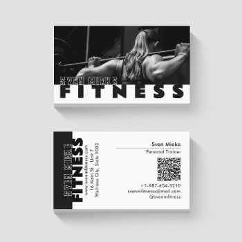 Woman Weightlifting Fitness Black White Business Card by irisblossomdesigns at Zazzle