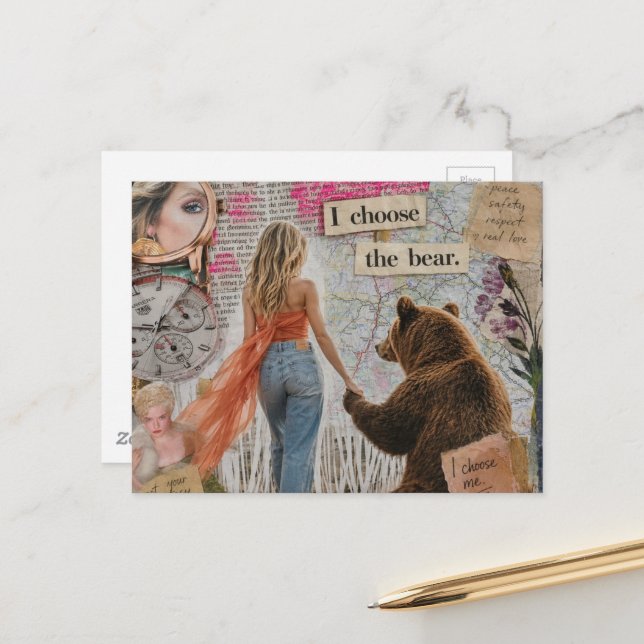 Woman Who Chooses The Bear mixed media collage Postcard (Front/Back In Situ)