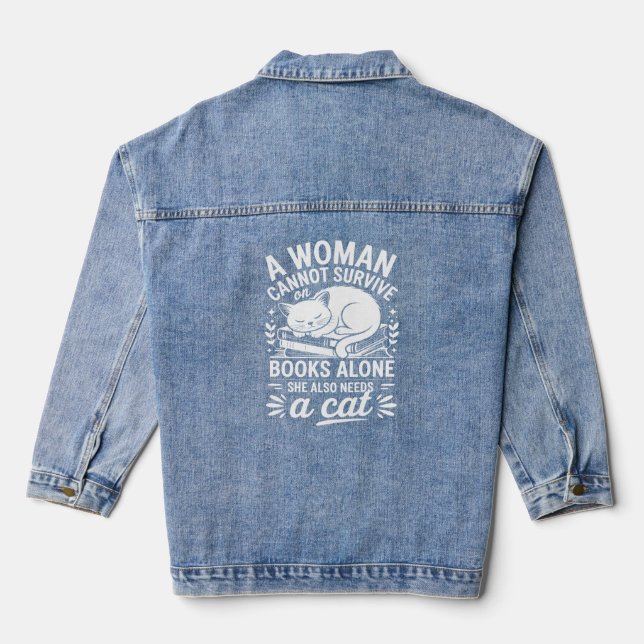 Woman who loves books and cats denim jacket (Back)
