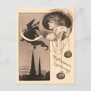 Woman Witch Crescent Moon Jack O' Lantern Postcard