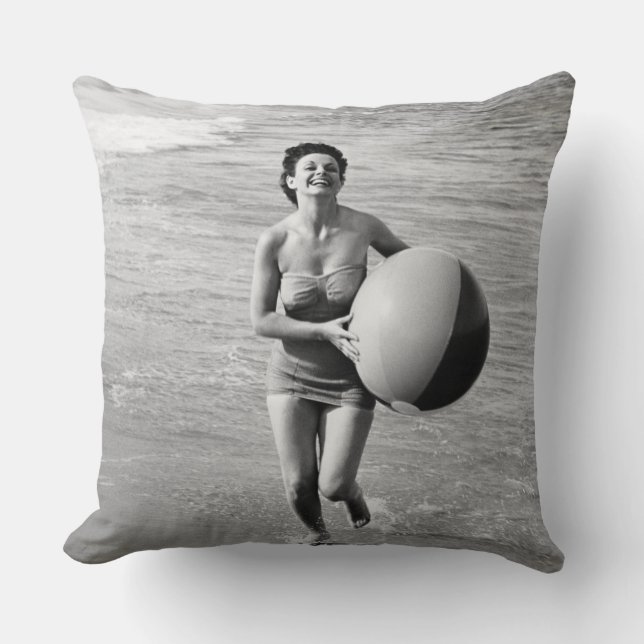 Woman with a Beach Ball Throw Pillow (Front)
