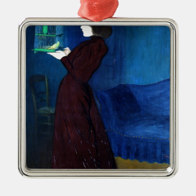 Woman with a Bird Cage Metal Ornament (Front)