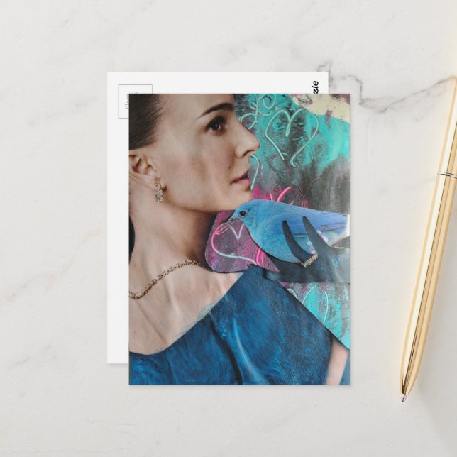 Woman with a Blue Bird Surreal Collage Postcard (Front/Back In Situ)
