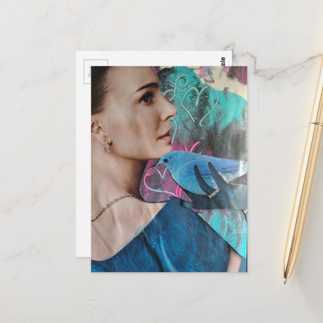 Woman with a Blue Bird Surreal Collage Postcard (Front/Back In Situ)