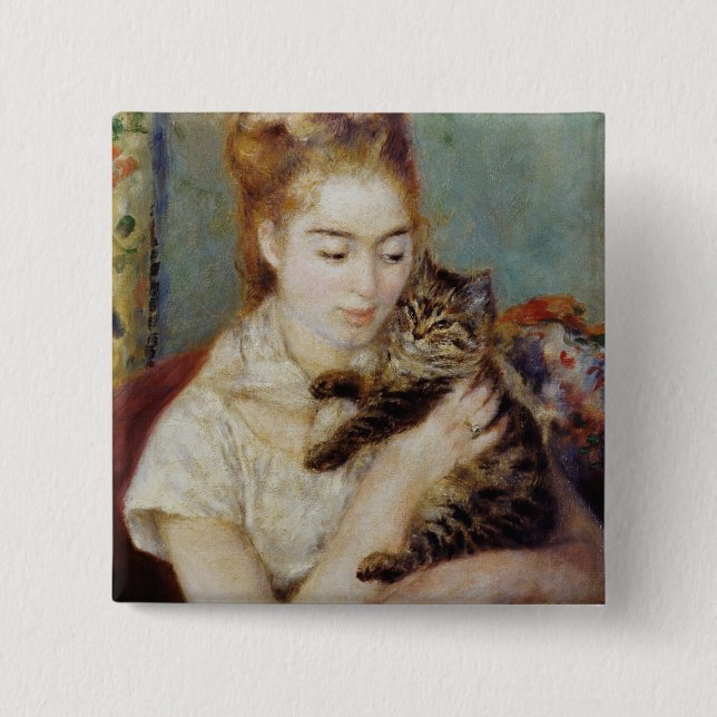 Woman with a Cat by Pierre-Auguste Renoir Button (Front)