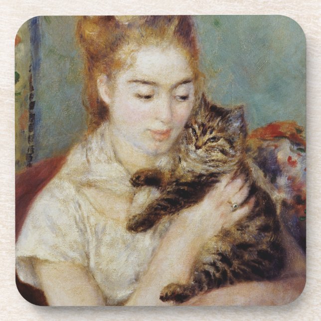 Woman with a Cat by Pierre-Auguste Renoir Drink Coaster (Front)