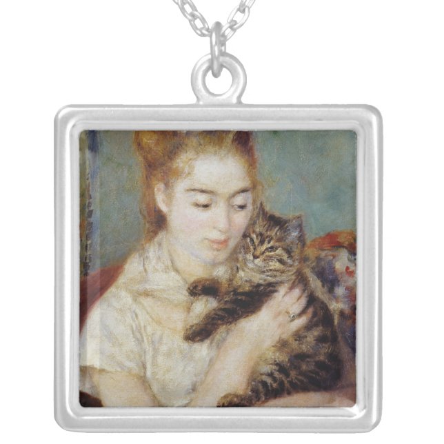 Woman with a Cat by Pierre-Auguste Renoir Silver Plated Necklace (Front)