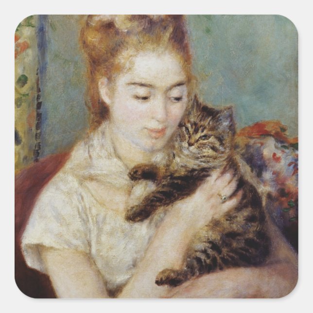 Woman with a Cat by Pierre-Auguste Renoir Square Sticker (Front)