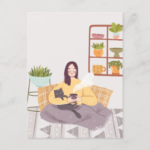 Woman With A Coffee Cup And A Cat in home Postcard