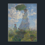 Woman with a Parasol - Madame Monet and Her Son Postcard<br><div class="desc">Claude Monet,  1875
en plein air oil painting on canvas
depicts Claude Monet's wife Camille with a parasol,  standing on a grassy green hill with a blue cloudy sky in the background,  on a windy day in summer

sophisticated  boho bright bohemian chic fine art decor modern classic historical art</div>
