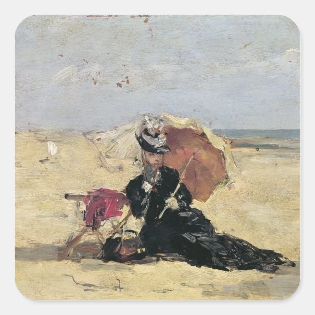 Woman with a Parasol on the Beach, 1880 Square Sticker (Front)