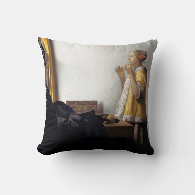 Woman with a Pearl Necklace, Johannes Vermeer Throw Pillow (Front)