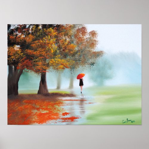 Woman with a red umbrella autumn landscape art poster
