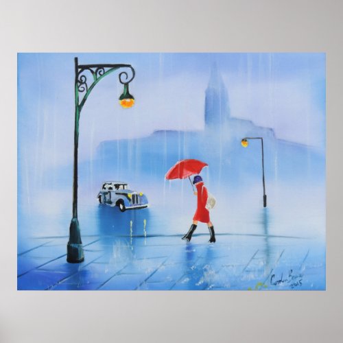 Woman with a red umbrella in the rain poster