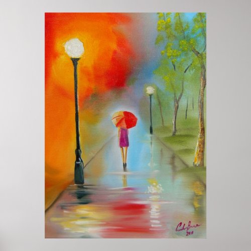 Woman with a red umbrella rainy day painting poster