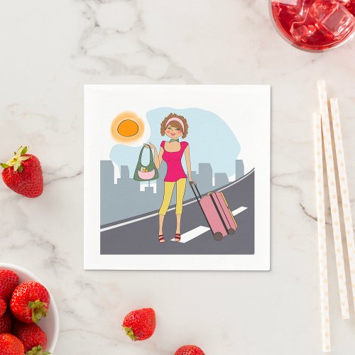 Woman With A Suitcase Travel Paper Napkins
