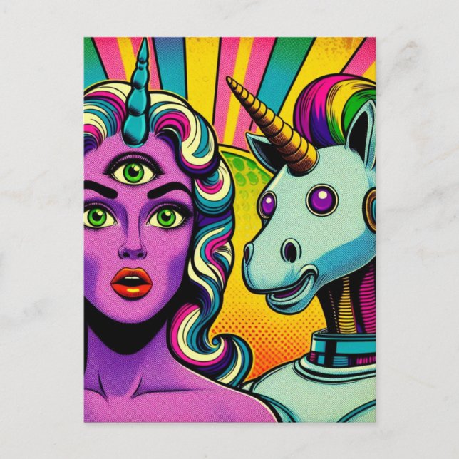 Woman With a Third Eye and a Robot Unicorn Postcard (Front)