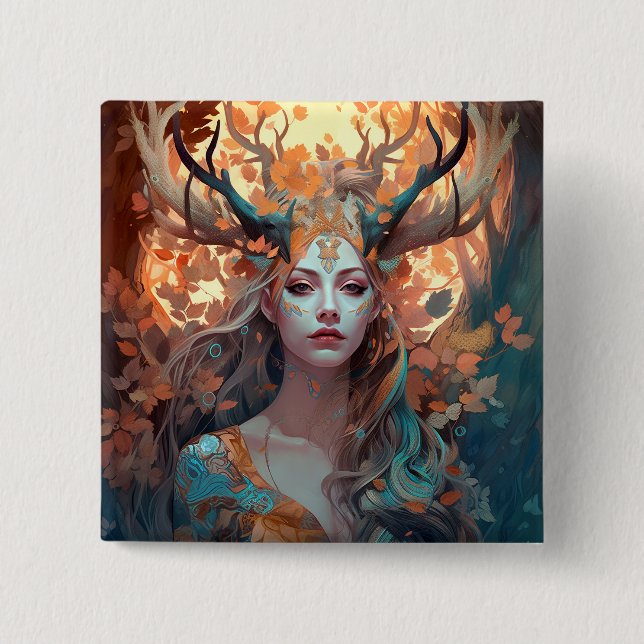 Woman With Antlers Fantasy Art Button (Front)