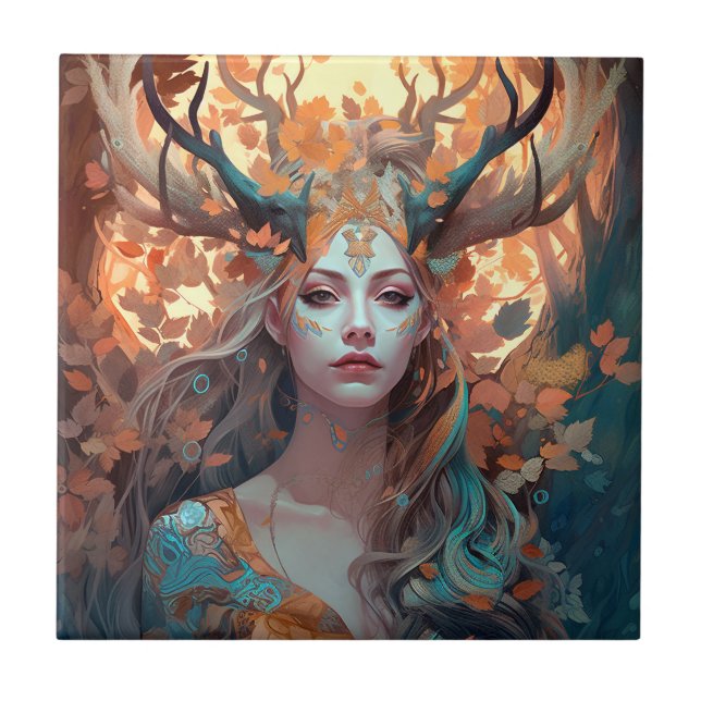 Woman With Antlers Fantasy Art Ceramic Tile (Front)