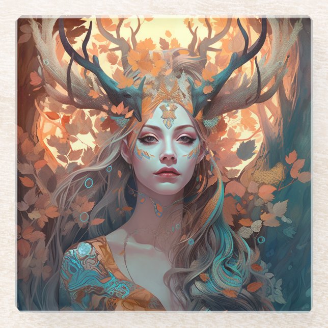 Woman With Antlers Fantasy Art Glass Coaster (Front)