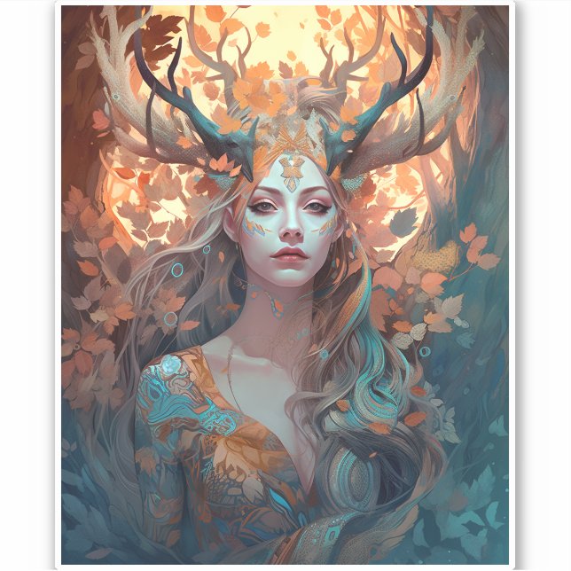 Woman With Antlers Fantasy Art Sticker (Front)