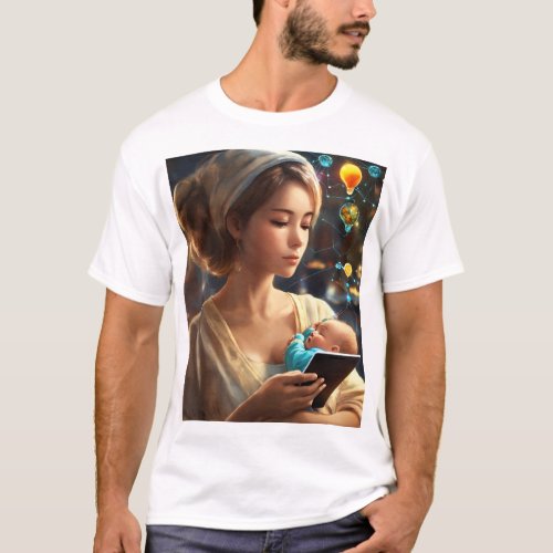 Woman with Baby and Tablet T_Shirt