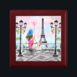 Woman with Balloon In Paris Gift Box Eiffel Tower<br><div class="desc">Pretty Woman and Pink Heart Balloon - I Love Paris - Eiffel Tower Romantic Drawing - Choose / Add Your Unique Text / Font / Color - Make Your Special Gift - Resize and move or remove and add elements - Image / text with customization tool ! - Drawing and...</div>