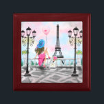 Woman with Balloon In Paris Gift Box Eiffel Tower<br><div class="desc">Pretty Woman and Pink Heart Balloon - I Love Paris - Eiffel Tower Romantic Drawing - Choose / Add Your Unique Text / Font / Color - Make Your Special Gift - Resize and move or remove and add elements - Image / text with customization tool ! - Drawing and...</div>