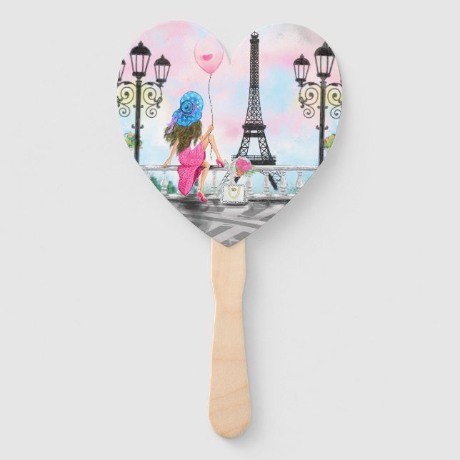 Woman with Balloon In Paris Hand Fan Eiffel Tower (Front)