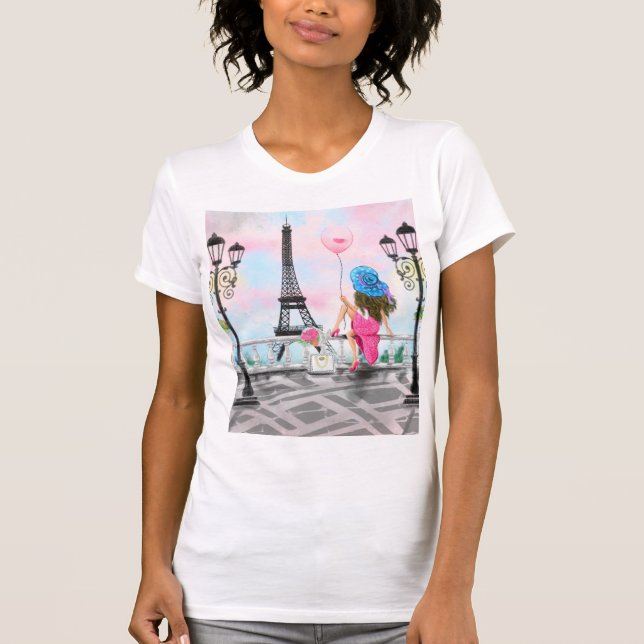 Woman with Balloon In Paris T-Shirt Eiffel Tower (Front)