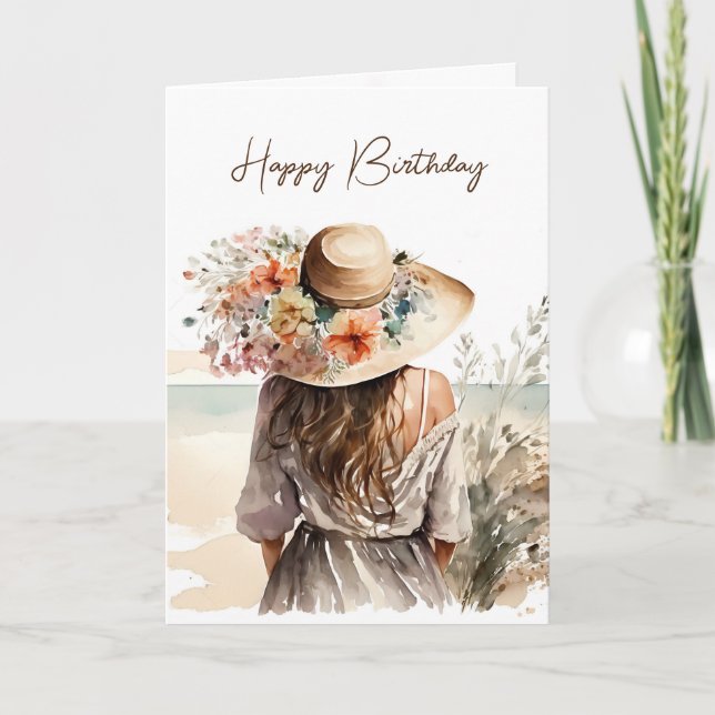 Woman With Beach Hat Birthday Card (Front)